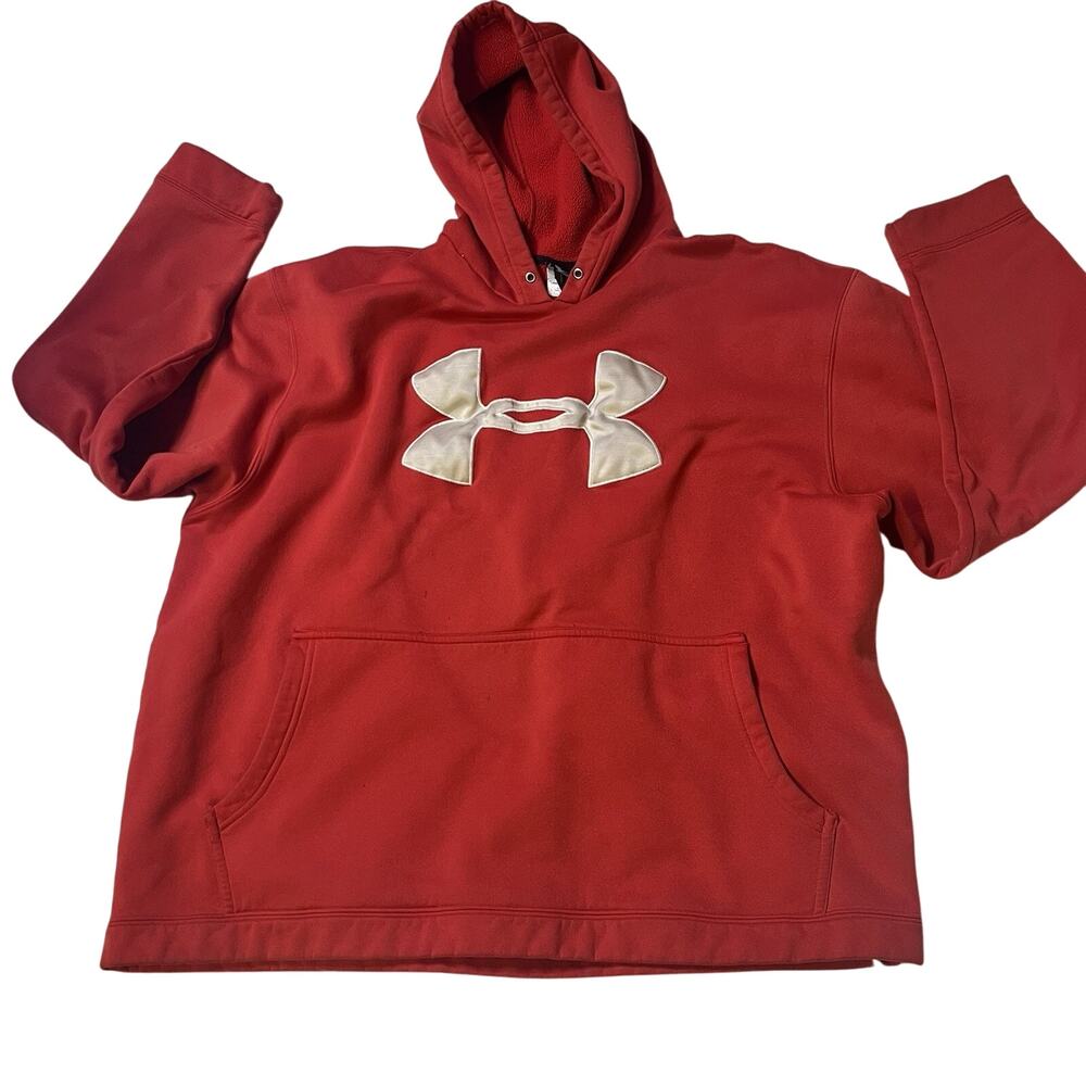 Under Armour Hoodie Mens XL Red Hooded Pullover Sweatshirt Whit Logo Polyester